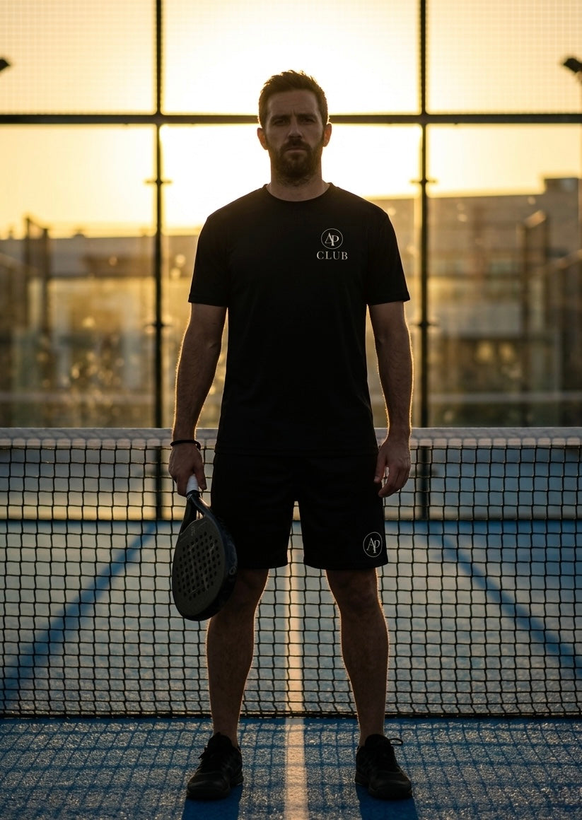 Male padel playerholding a paddle on a sports court with a sunset background wearing black AP Club Play padel tshirt and black padel shorts.