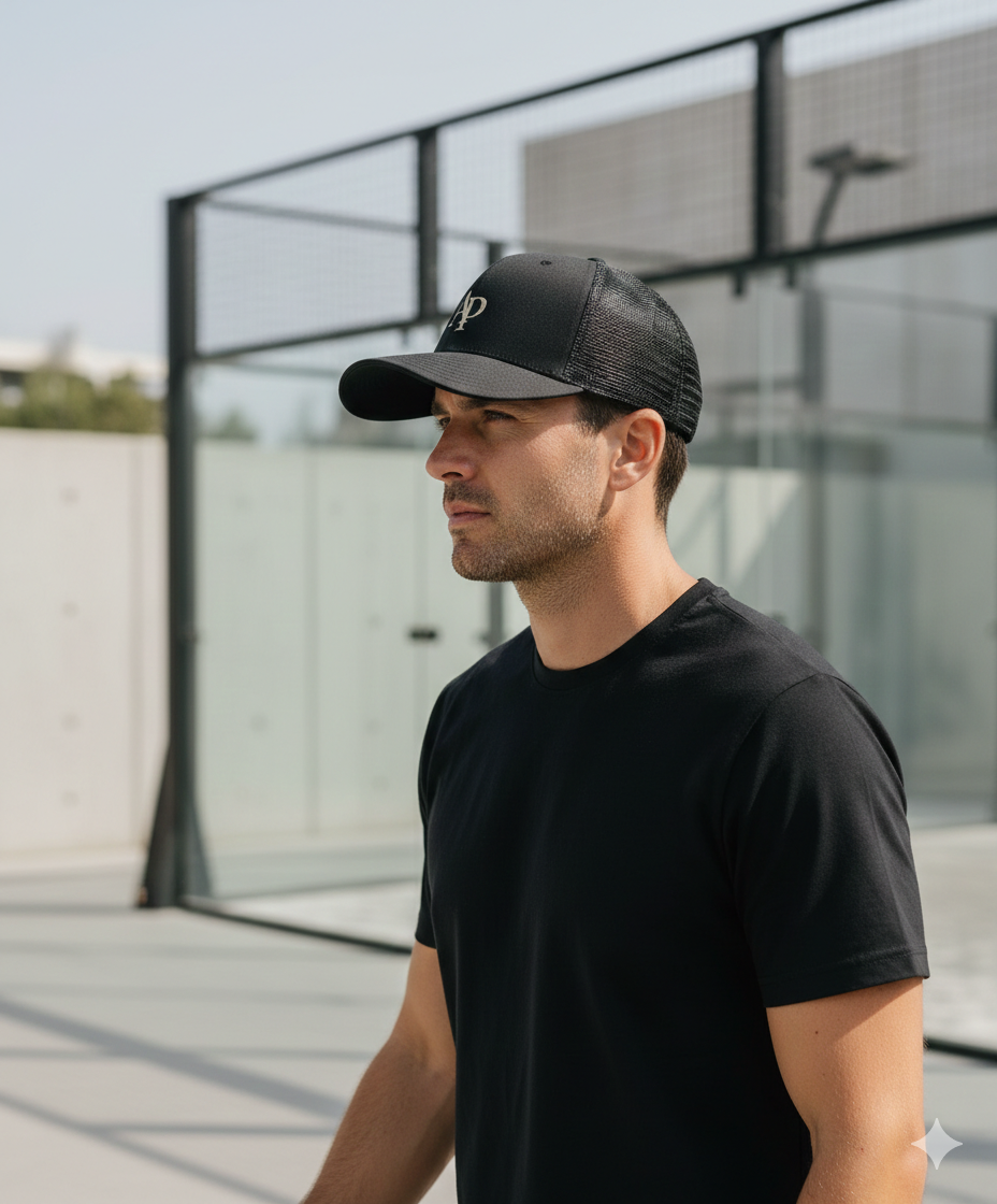 Man wearing a black AP Club cap and black t-shirt standing outdoors.