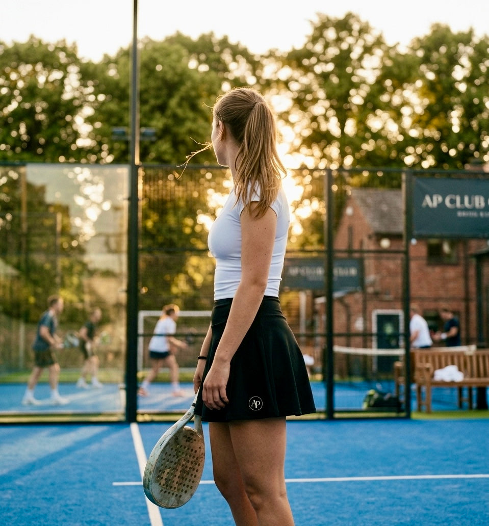 Woman holding a paddle on a padel court with other players in the background wearing a black AP club padel skort